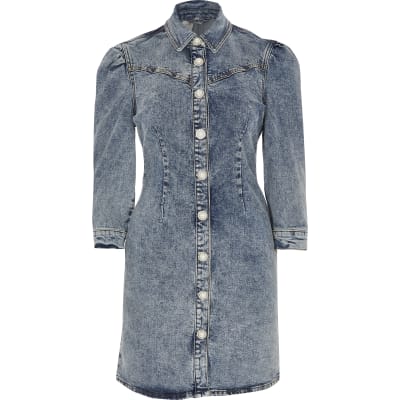 Blue puff sleeve fitted denim mini dress