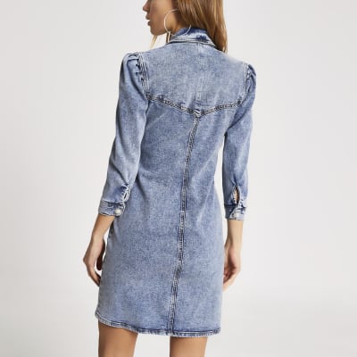 Blue puff sleeve fitted denim mini dress