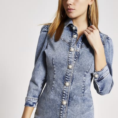 Blue puff sleeve fitted denim mini dress