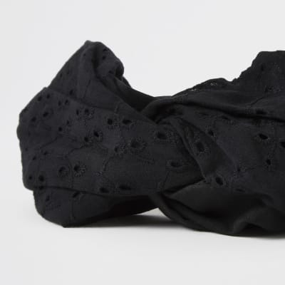 Black broderie twist front headband