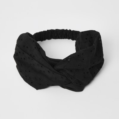 Black broderie twist front headband