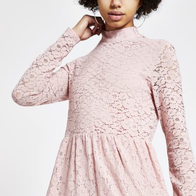 Pink lace high neck mini smock dress