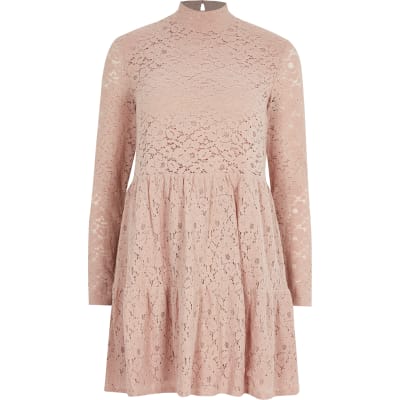 Pink lace high neck mini smock dress