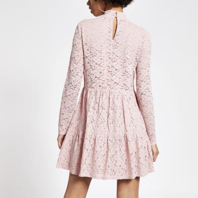 Pink lace high neck mini smock dress