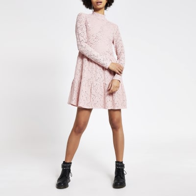 Pink lace high neck mini smock dress
