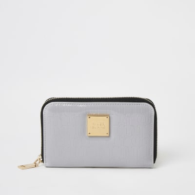 Mini portefeuille zippé gris verni avec monogramme RI en relief