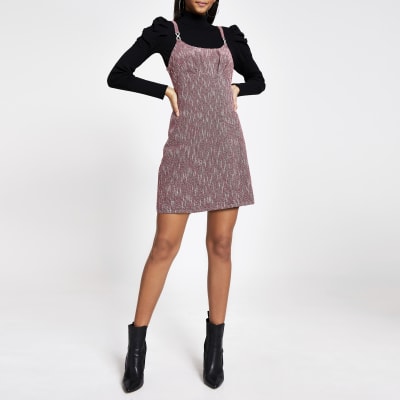 Red boucle A line pinafore dress