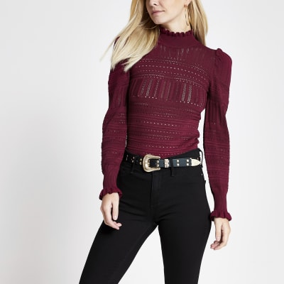 Petite – Top rouge en maille pointelle avec manches bouffantes