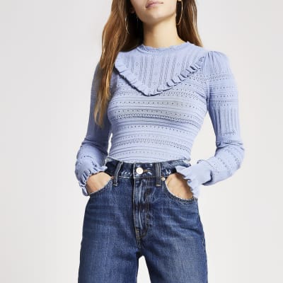 Petite – Pull bleu en maille à jolis points et volants 