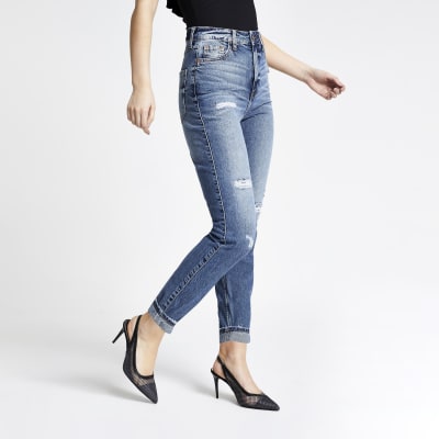 Blaue Mom-Jeans „Carrie“ im Used Look mit hohem Bund