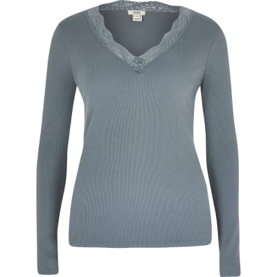 Blue lace V neck long sleeve top