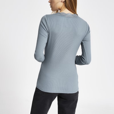Blue lace V neck long sleeve top