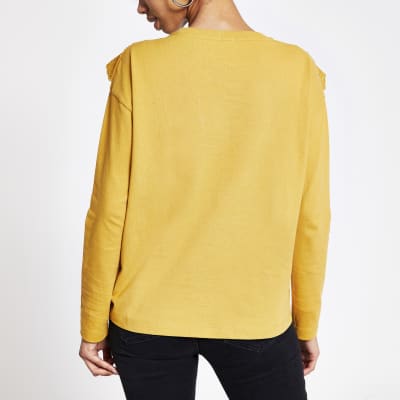 Yellow broderie frill long sleeve T-shirt