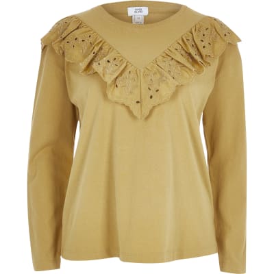 Yellow broderie frill long sleeve T-shirt
