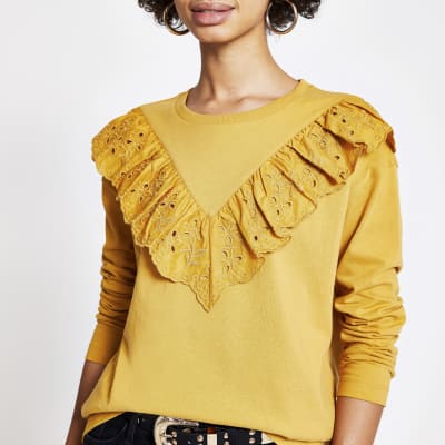 Yellow broderie frill long sleeve T-shirt