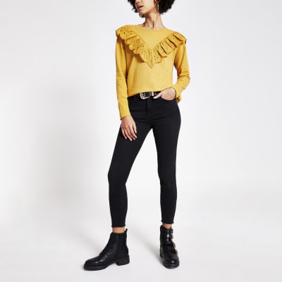 Yellow broderie frill long sleeve T-shirt