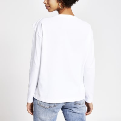White broderie frill long sleeve T-shirt