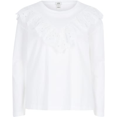 White broderie frill long sleeve T-shirt