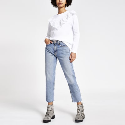 White broderie frill long sleeve T-shirt