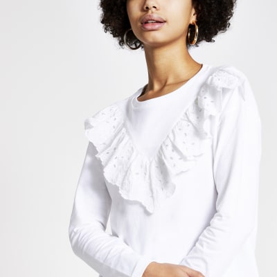 White broderie frill long sleeve T-shirt