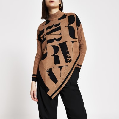 Brown RI printed knitted cape jumper