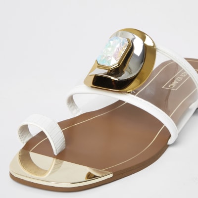 White jewel embellished toe loops sandals