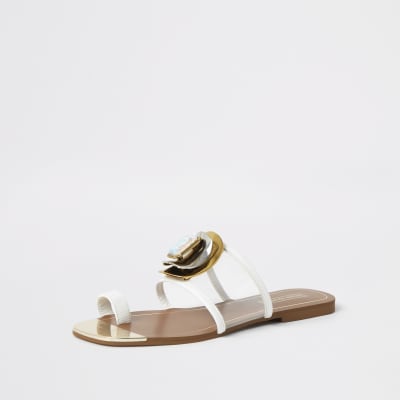 White jewel embellished toe loops sandals