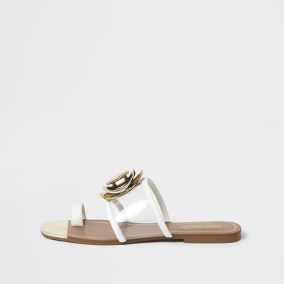 White jewel embellished toe loops sandals