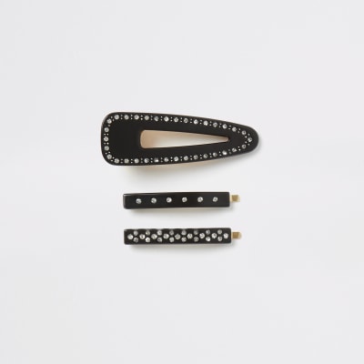 Schwarze Strass-Haarspangen aus Harz, 3er-Set
