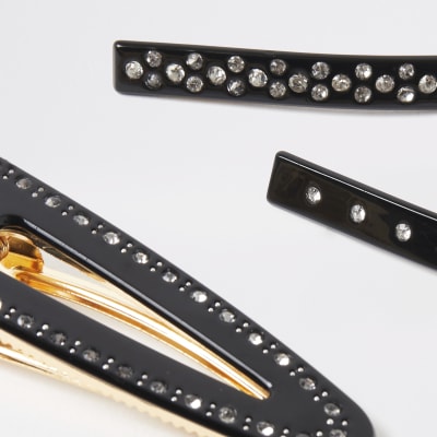 Black resin diamante hair clip 3 pack
