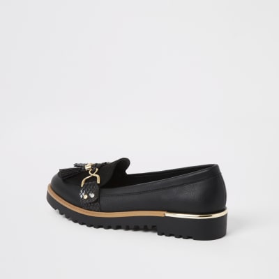 Black tassel front chunky loafers