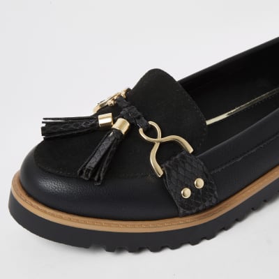 Black tassel front chunky loafers