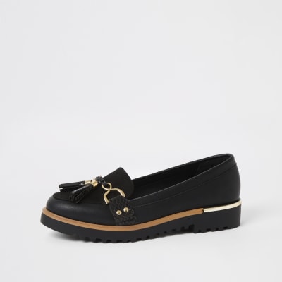 Black tassel front chunky loafers