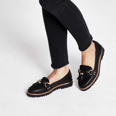 Black tassel front chunky loafers