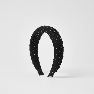 Zwarte mesh haarband met siersteentjes en vulling