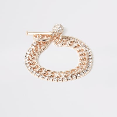 Bracelet chaîne or rose avec strass et fermoir en T