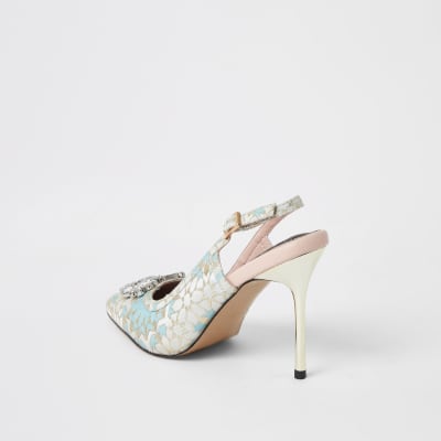 Blue jacquard embellished sling back heels