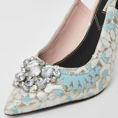 Blue jacquard embellished sling back heels