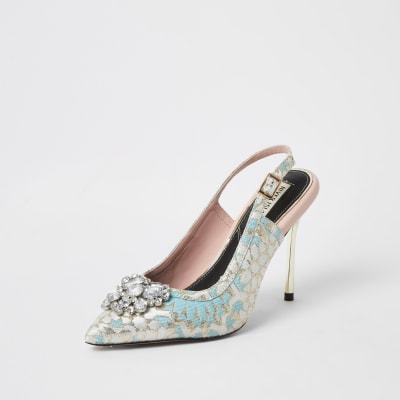 Blue jacquard embellished sling back heels