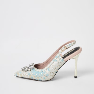 Blue jacquard embellished sling back heels