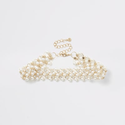 Collier ras-de-cou doré avec perles et strass