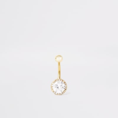 Gold circle diamante belly bar