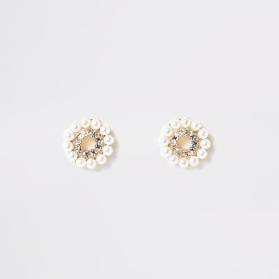 Ring-Ohrstecker mit Strass und Perlen in Gold