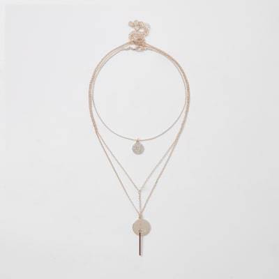 Lot de 3 colliers ras-du-cou or rose avec pendentifs à strass