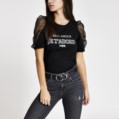 T-shirt noir « Je T'adore » avec manches en tulle