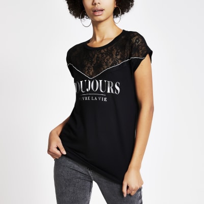 T-shirt noir « Toujours » orné avec dentelle