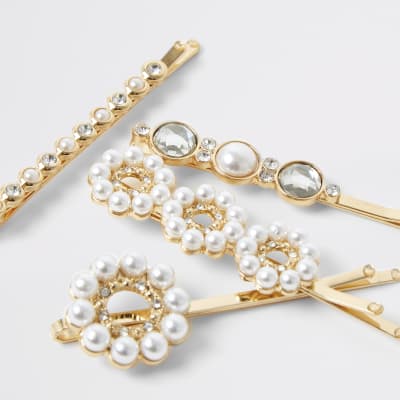 Gold tone pearl embellish hair slides 4 pack