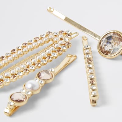 Rose gold colour embellished hair clip 4 pack