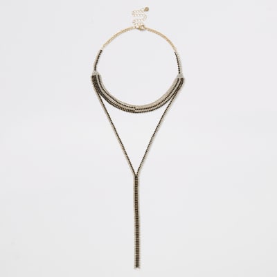 Goudkleurige gelaagde hanger ketting met siersteentjes in Y-vorm