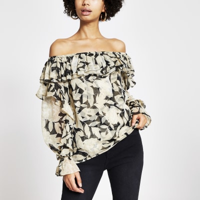 Black floral long sleeve bardot top